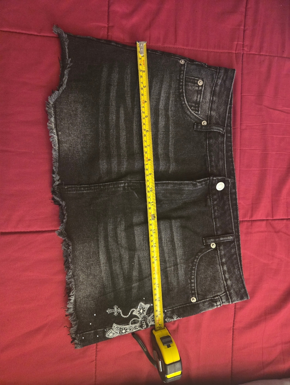Black Denim Frayed Hem Mini Skirt with Embellished Detail